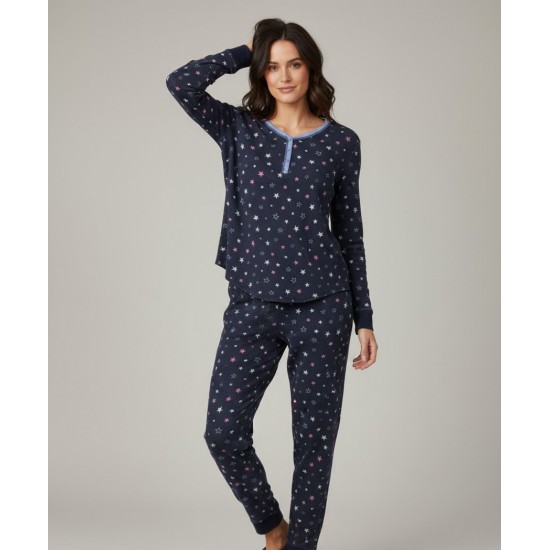 Women's Medium Navy Blue Star Pattern Sleep-Wear Thermal Pajama Set